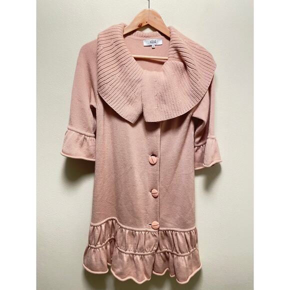 Tibi Womens Cardigan Size XS Pink Merino Wool Blend Shawl Collar Ruffle Hem - Picture 1 of 9